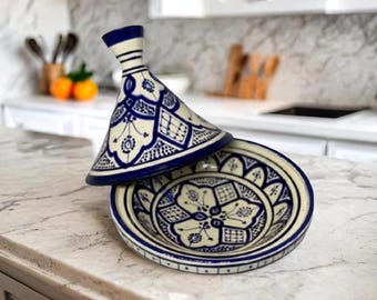 Handcrafted Moroccan Tagine Pot: Blue & White Terracotta, 9.5" Decorative Clay Cookware