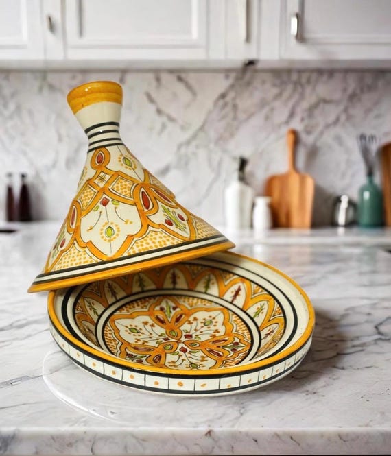 Handcrafted Moroccan Tagine Pot: Orange & White Terracotta, 9.5"