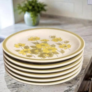 Vintage Spring Bouquet Plates – Set of 6 Japan Stoneware 6.25” Yellow Floral Hand Decorated Bread Dessert Dishes