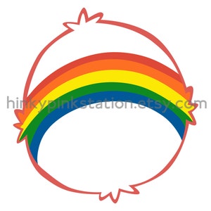 Peut inclure: Un motif arc-en-ciel coloré avec des rayures rouges, orange, jaunes, vertes et bleues, encadré d'un contour rouge. Le texte "hinkypinkstation.etsy.com" est visible. Le design est sur fond blanc.