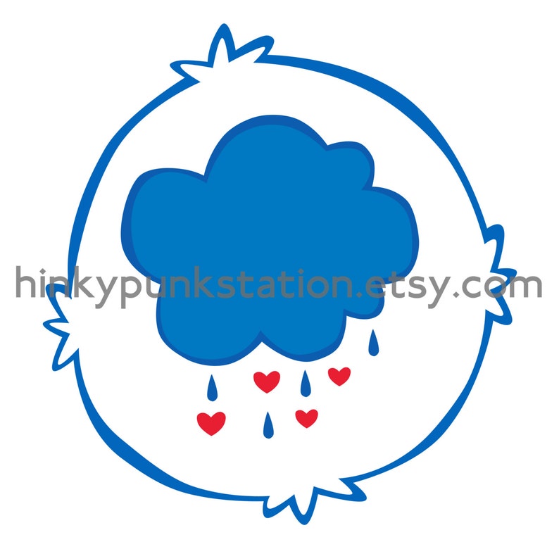 May include: A blue cloud with red heart-shaped raindrops inside a blue and white circular frame. The text "hinkypunkstation.etsy.com" is printed in gray at the bottom left of the image.