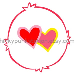 May include: A white graphic with a red heart-shaped outline and two hearts inside. One heart is red with a pink border, and the other is pink with a yellow border. The text "hinkypunkstation.etsy.com" is at the bottom of the image.