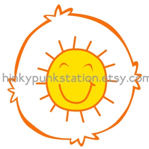 May include: A cheerful cartoon sun with a smiling face, surrounded by an orange outline. The sun is yellow with orange rays. The text "hinkypunkstation.etsy.com" is at the bottom of the image.