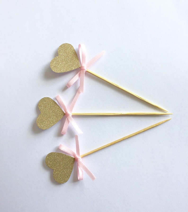 Wedding 20 Gold glitter heart Cupcake Toppers with Pink Bow Food picks Bridal shower Birthday Party Pink and Gold Baby Shower