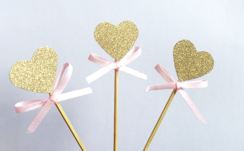 Wedding 20 Gold glitter heart Cupcake Toppers with Pink Bow Food picks Bridal shower Birthday Party Pink and Gold Baby Shower