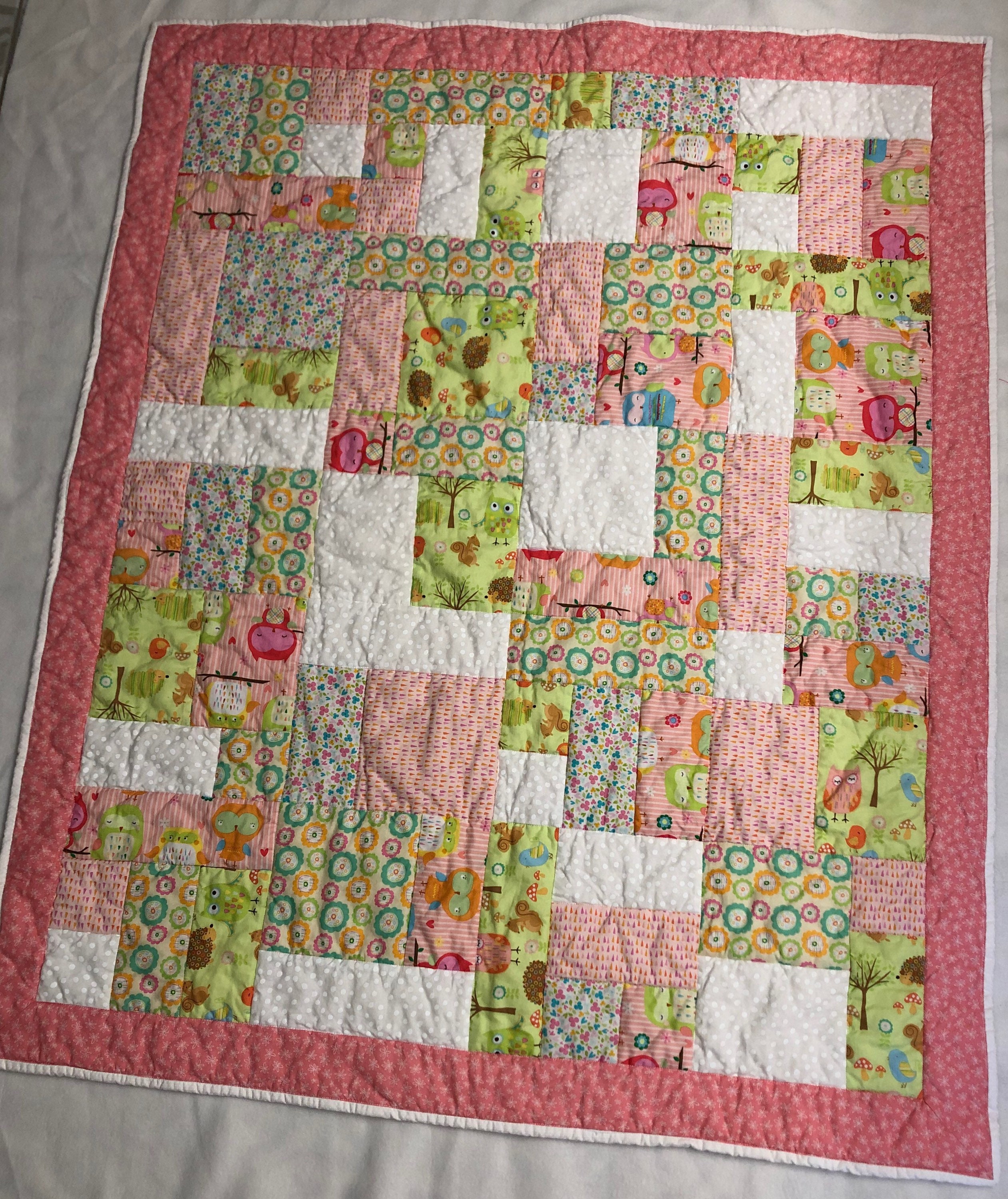 Pink Patchwork Baby Quilt: Owl & Floral Nursery Decor