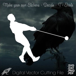 Op de afbeelding: Een wit silhouet van een persoon die aan een touw trekt dat is bevestigd aan een zwarte raaf. De afbeelding is geplaatst tegen een donkere, bewolkte lucht. De tekst "Make your own Stickers Decals T-Shirts" staat bovenaan de afbeelding. De tekst "Digital Vector Cutting File" staat onderaan de afbeelding. De tekst ".SVG .DXF .PNG .PDF" staat aan de rechterkant van de afbeelding.