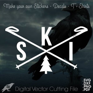 May include: A white graphic design with the word "SKI" in large letters, with two crossed ski poles and a pine tree in the center. The design is set against a dark background with a black raven in the background.