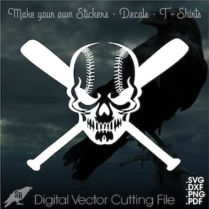 May include: A white silhouette of a skull with a baseball stitched into the top of the head. Two crossed baseball bats are behind the skull. The image is set against a dark background.