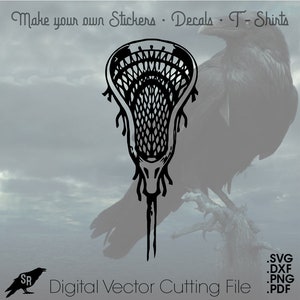 May include: Black and white silhouette of a lacrosse stick head. The stick head is a digital vector cutting file for creating stickers, decals, and t-shirts.