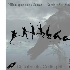 Op de afbeelding: Silhouet van een raaf met een reeks figuren die over een gebogen lijn springen. De tekst "Make your own Stickers Decals T-Shirts" staat bovenaan de afbeelding. De tekst "Digital Vector Cutting File" staat onderaan de afbeelding. De tekst ".SVG .DXF .PNG .PDF" staat in de rechterbenedenhoek van de afbeelding.