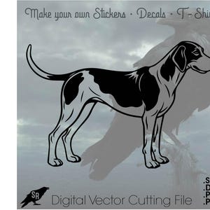 Puede incluir: Silueta en blanco y negro de un perro Bloodhound de pie sobre un fondo nublado. La imagen incluye el texto "Make your own Stickers Decals T-Shirts" y "Digital Vector Cutting File".