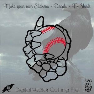Può includere: Un'illustrazione vettoriale di taglio digitale in bianco e nero di una mano scheletrica che tiene una palla da baseball. La palla da baseball è rossa e bianca con cuciture rosse.
