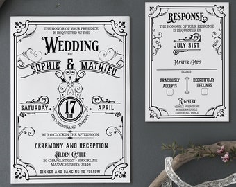 Vintage Wedding Invitation Suite, Steampunk Wedding Invitation Set, Gothic Wedding Stationery, Alternative Invites - MONOCHROMEUM Bundle