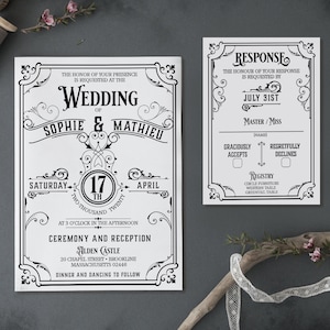 Vintage Wedding Invitation Suite, Steampunk Wedding Invitation Set, Gothic Wedding Stationery, Alternative Invites - MONOCHROMEUM Bundle