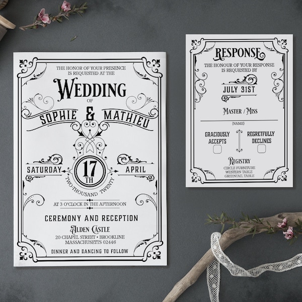 Vintage Wedding Invitation Suite, Steampunk Wedding Invitation Set, Gothic Wedding Stationery, Alternative Invites - MONOCHROMEUM Bundle
