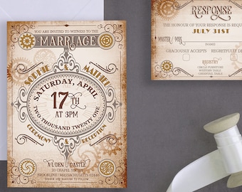 Steampunk Wedding Invitation Suite, Vintage Wedding Invitation Set, Cogs and Gears Invite, Industrial Clock Invitation - COGNITO Bundle