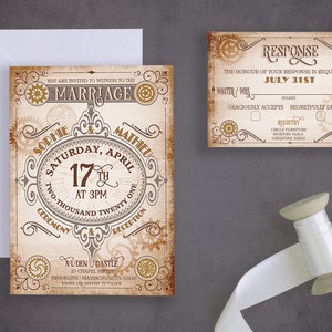 Steampunk Wedding Invitation Suite, Vintage Wedding Invitation Set, Cogs and Gears Invite, Industrial Clock Invitation - COGNITO Bundle