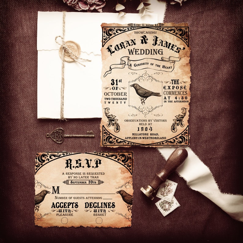 MÉNAGERIE Bundle Halloween Wedding Invitation Suite, Gothic Wedding Invitation Set, Wedding Set, Vintage Victorian Raven Invitation image 1