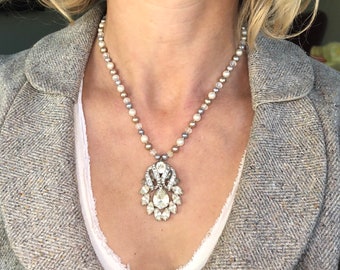 Vintage Eisenberg rhinestone earring converted to a pendant on mixed freshwater pearls and lemon quartz necklace