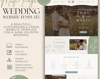 Página web de boda editable en Canva / Boda con temática de granja moderna / Confirmación de asistencia y lista de regalos / 5 páginas