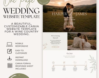 Página web de boda editable en Canva / Lista de regalos y confirmación de asistencia moderna / 1 página
