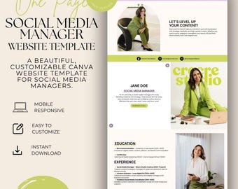 Plantilla de sitio web para gestor de redes sociales / Sitio web de una página para gestor de redes sociales / Sitio web morado y verde