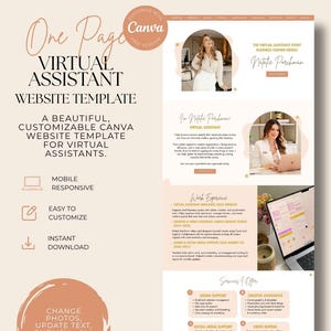 May include: A digital website template for virtual assistants featuring a beige and white layout with text including One Page Virtual Assistant Website Template, mobile responsive, easy to customize, and instant download, plus service sections.