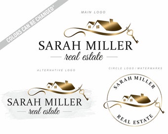 May include: A branding kit for a real estate agent named Sarah Miller. The kit includes a main logo, an alternative logo, a Facebook cover, an avatar, an email signature, and business cards. The logos feature a gold house with a key and the text "Sarah Miller Real Estate". The business cards have a photo placeholder and contact information.
