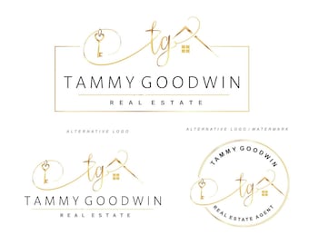 Gold Realtor Logo, Realtor Logo, House Key Logo, Premade Logo, Watermark Logo, Business card broker, Realtor Kit, Marketing  Logo set 165-2