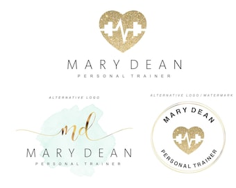 Fitness Trainer logo Kit, Personal Trainer logo, Fitness Instructor Logo set, Personal Training, Gold glitter hearth, Zumba logo, Logo 166