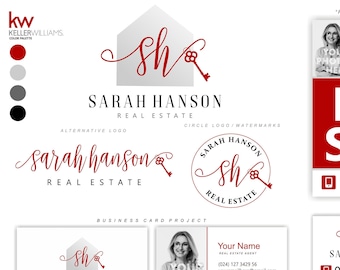 Könnte beinhalten: Ein rot-weißes Immobilien-Branding-Kit mit dem Namen Sarah Hanson Real Estate. Das Kit enthält ein Logo, Visitenkarten, Grafiken für soziale Medien und Beschilderung. Das Logo zeigt ein Haus mit einem Schlüssel und den Text "Sh".