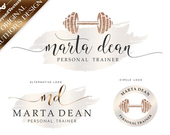 Gold Dumbbell Logo, Fitness Trainer logo Kit, Personal Trainer logo, Fitness Instructor Logo set, Personal Training, Health Logo, Logo 483