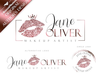 Lips logo set, Makeup logo, Makeup Artist Logo Design, Makeup artist logo, Rose gold glitter logo, Lips logo design, Beauty salon logo 480