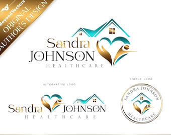 May include: A logo design for a healthcare company called Sandra Johnson Healthcare. The logo features a stylized house with a heart and a person inside. The colors are teal, gold, and white.