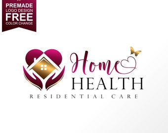 May include: A logo design for a home health care business. The logo features a heart with a house inside, surrounded by two hands. The text "Home Health" is written in a cursive font, with the words "Residential Care" below. The logo is in shades of pink and gold.
