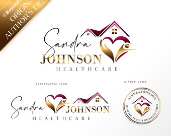 May include: Logo design for Sandra Johnson Healthcare. The logo features a stylized house with a heart and hands, representing care and compassion. The text "Sandra Johnson Healthcare" is written in a bold, elegant font.