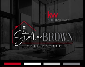 May include: A logo design and advertising kit for a real estate agent named Stella Brown. The logo features a house icon with a window, the name "Stella Brown" in a handwritten font, and the words "Real Estate" below. The logo is in red and white, and the background is black and white. The kit also includes a color palette with red, white, and gray.