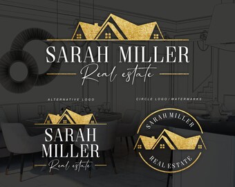 Könnte beinhalten: Ein goldenes und schwarzes Logo-Design für ein Immobilienunternehmen namens "Sarah Miller Real Estate". Das Logo zeigt ein stilisiertes Bild von drei Häusern mit einer goldenen Textur.