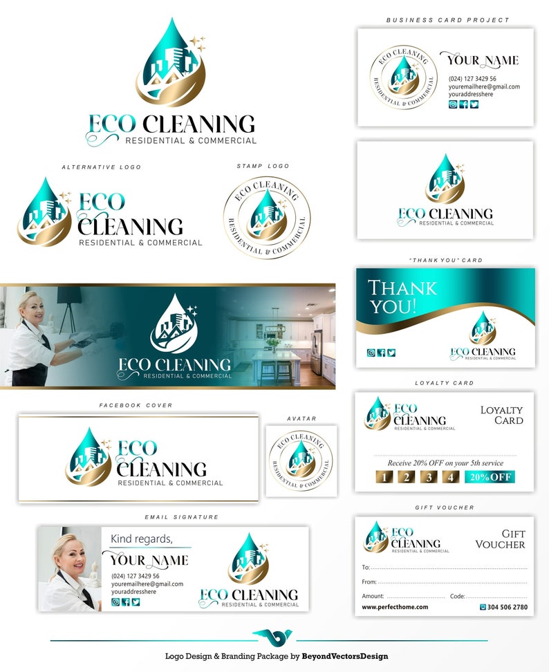 Puede incluir: Un paquete de marca para un servicio de limpieza llamado Eco Cleaning. El logotipo presenta una gota de agua verde estilizada con un edificio en su interior y detalles dorados. El paquete incluye una tarjeta de visita, una tarjeta de agradecimiento, una tarjeta de fidelizaci&oacute;n, un vale de regalo y gr&aacute;ficos para redes sociales.
