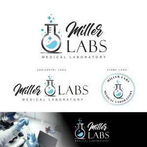 May include: A logo for Miller Labs, a medical laboratory. The logo features a silver beaker with blue liquid and a plus sign. The text "Miller Labs" is in black cursive font and the text "Medical Laboratory" is in black sans-serif font.