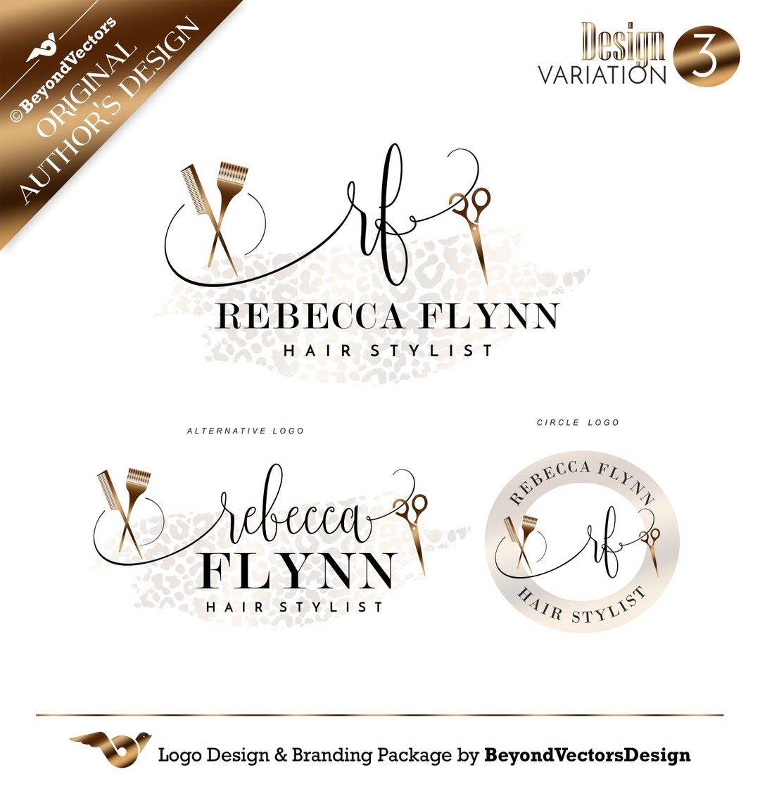 Hairstylist Logo, Scissors Logo Comb Hair Coloring Brush Rose Gold Logo