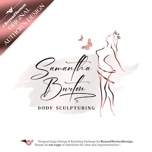 May include: A logo design for a business called "Samantha Burton Body Sculpting". The logo features a stylized image of a woman with a crown on her head, standing with a measuring tape around her waist. The woman is outlined in rose gold, and there are two butterflies in the background, also outlined in rose gold.