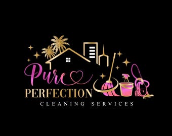 May include: Gold and pink logo for a cleaning service called "Pure Perfection Cleaning Services". The logo features a house, palm trees, a broom, a bucket, and a vacuum cleaner.