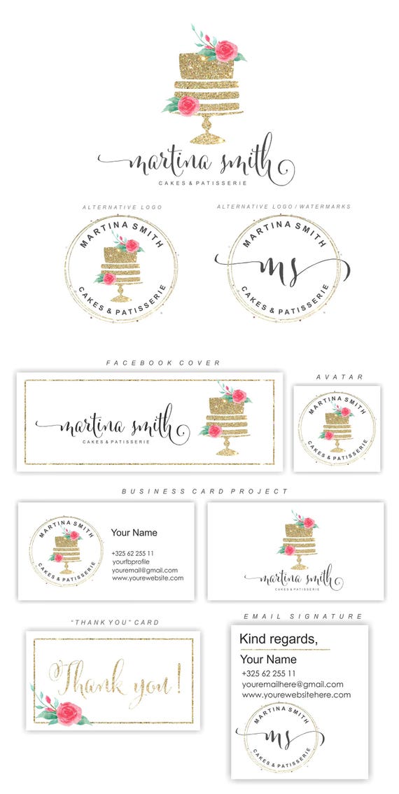Kit De Logotipo De Pastel Logo Set Floral Watercolor Cake Etsy