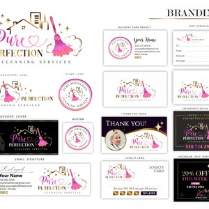 May include: Branding kit for a cleaning service called "Pure Perfection Cleaning Services". The kit includes a logo, business cards, gift certificates, a thank you card, a car magnet, a social media post template, and an email signature. The logo features a pink broom and a house with a heart.
