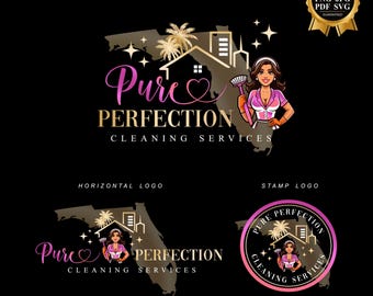 Può includere: Un logo per un servizio di pulizia chiamato "Pure Perfection Cleaning Services". Il logo presenta una donna dei cartoni animati che tiene un pennello per la pulizia, una casa e palme. Il testo è in oro e rosa.