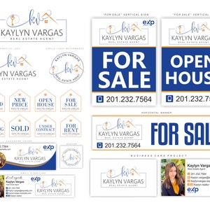 May include: A real estate agent's marketing materials featuring a blue and white "For Sale" sign, a blue and white "Open House" sign, and a business card with a photo of the agent. The agent's name is Kaylyn Vargas and she is affiliated with eXp Realty.