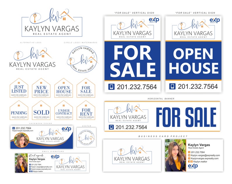 May include: A real estate agent's marketing materials featuring a blue and white "For Sale" sign, a blue and white "Open House" sign, and a business card with a photo of the agent. The agent's name is Kaylyn Vargas and she is affiliated with eXp Realty.