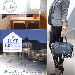 May include: A real estate agent's business card with the text "Brooke Saunders Real Estate" and a logo of a key and the letters "bs". The card also has a photo of a large house with a blue sky in the background.